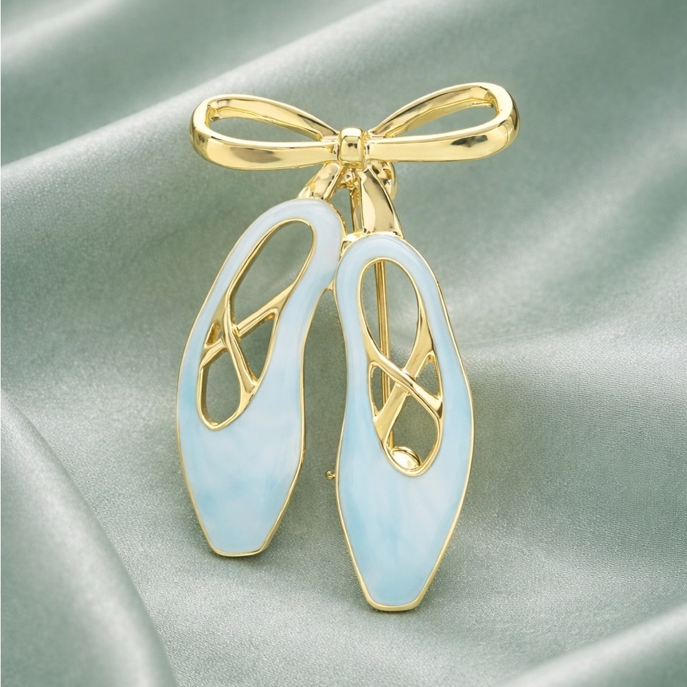 Ballet Slippers Brooch – Blue Enamel Dance Shoes Pin with Gold Bow